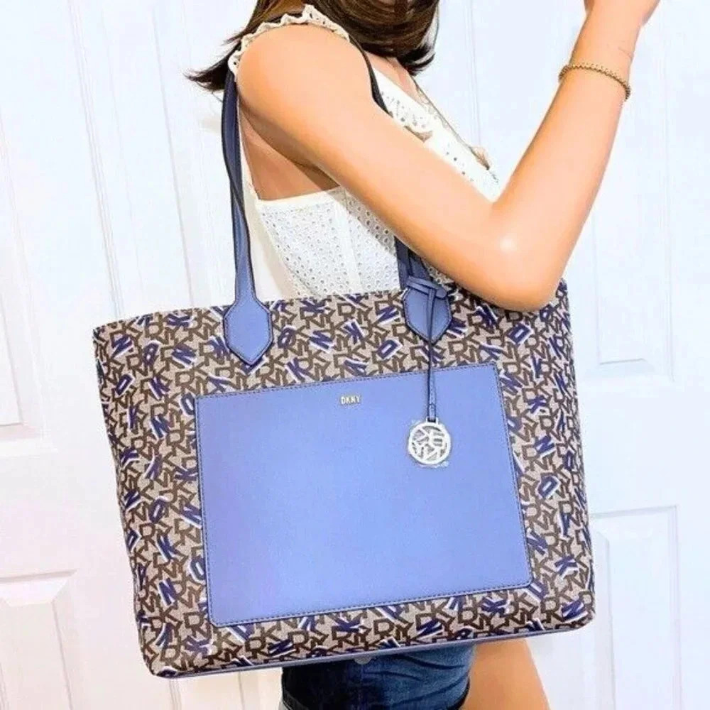 DKNY Shoulder Tote Satchel Bag Monogram Print Blue, Brown NWT - Picture 3 of 13
